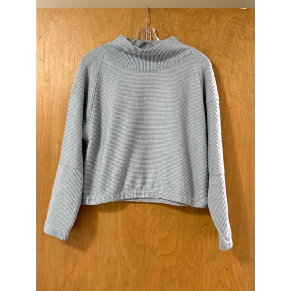 prAna Cowl Neck Pullover Womens S Light Blue Ribbed Knit Cropped Sweatshirt